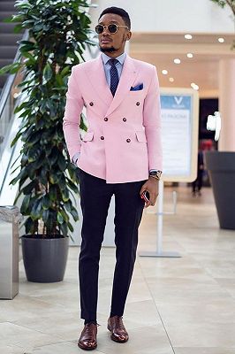 Anthony Pink Double Breasted Peaked Lapel Slim Fit Fashion Men Suits_1