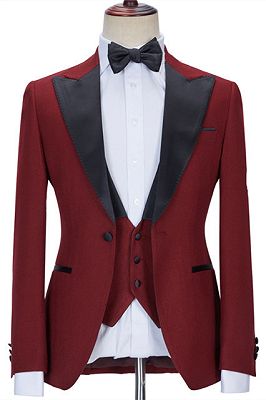 Stylish Red Three Pieces Best Fitted Peaked Lapel Prom Suits_1