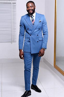 Achilles Blue Double Breasted Peaked Lapel Fashion Men Suits_1