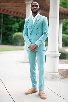 Thomas Sky Blue Fashion Double Breasted Peaked Lapel Prom Suits for Men