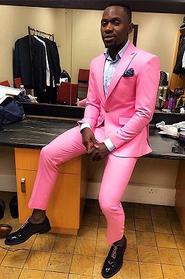 William Shiny Pink Peaked Lapel One Button Close Fitting Prom Suits