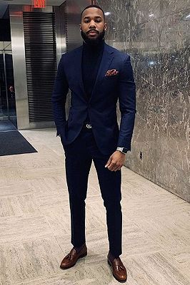 Joshua Dark Navy Notched Lapel Prom Men Suits with Black Pants_1