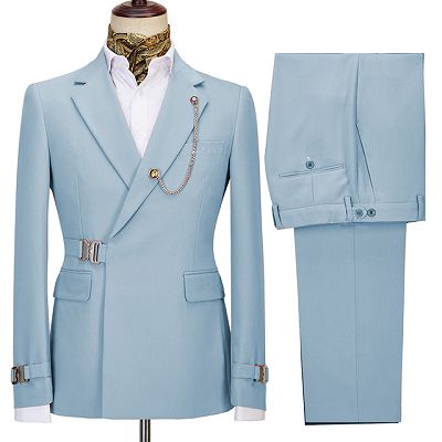 Bernie Fashion Sky Blue Notched Lapel Two Pieces Business Men Suits