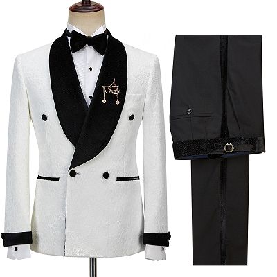 Jesus Chic Sparkle Shawl Lapel Jacquard Double Breasted White Wedding Suits