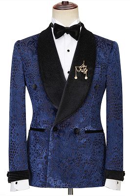 Jane Dark Navy Jacquard Double Breasted Sparkle Shawl Lapel  Men Suits For Wedding