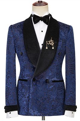 Jane Dark Navy Jacquard Double Breasted Sparkle Shawl Lapel  Men Suits For Wedding_1