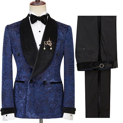 Jane Dark Navy Jacquard Double Breasted Sparkle Shawl Lapel  Men Suits For Wedding_2