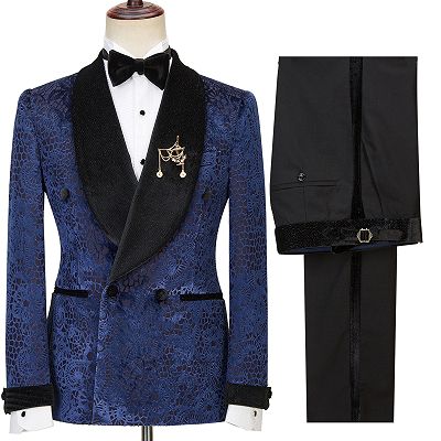 Jane Dark Navy Jacquard Double Breasted Sparkle Shawl Lapel  Men Suits For Wedding