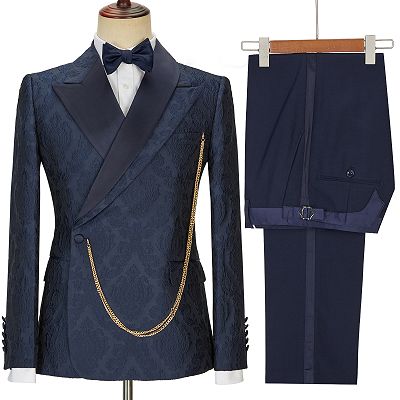 Brandon New Arrival Navy Blue Slim Fit Jacquard Peaked Lapel Wedding Men Suits_5