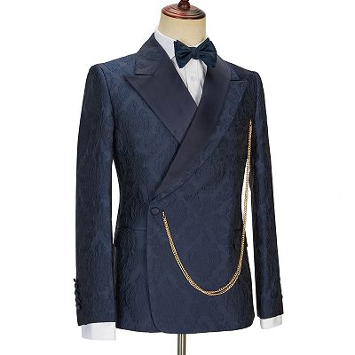 Brandon New Arrival Navy Blue Slim Fit Jacquard Peaked Lapel Wedding Men Suits