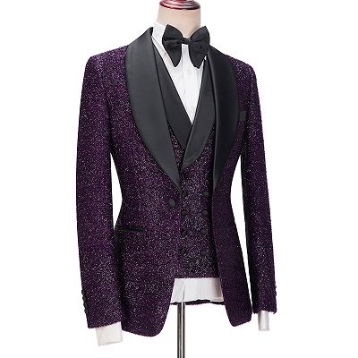 Caleb Bespoke Dark Purple Sparkle Shawl Lapel 3-Pieces Men Suits_3