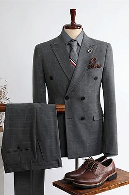 Logan New Arrival  Dark Gary Peaked Lapel Double Breasted Plaid Men Suits_1