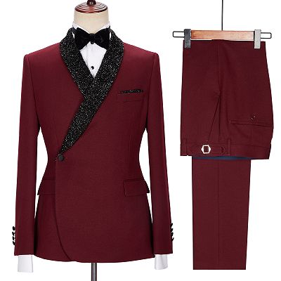 Jonathan Chic Burgundy Sparkle Shawl Lapel Two Pieces Men Suits_2