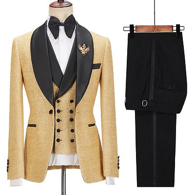 Andrew Sparkly Golden Shawl Lapel  Three Pieces Men Suits For Wedding