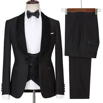 Jose Modern Three Pieces Black  Shawl Lapel Sparkle Men Wedding Suits_4