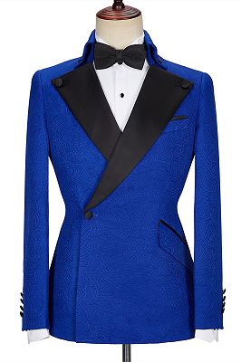 Dean Fashion New Arrival Royal Blue Jacquard Wedding Suits with Black Lapel_1