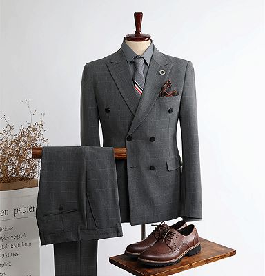 Logan New Arrival  Dark Gary Peaked Lapel Double Breasted Plaid Men Suits_2