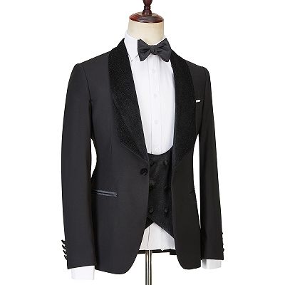 Jose Modern Three Pieces Black  Shawl Lapel Sparkle Men Wedding Suits_3