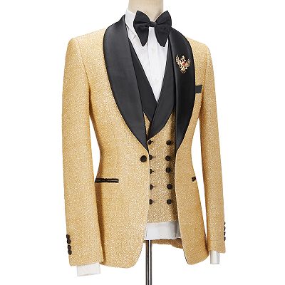 Andrew Sparkly Golden Shawl Lapel  Three Pieces Men Suits For Wedding_3