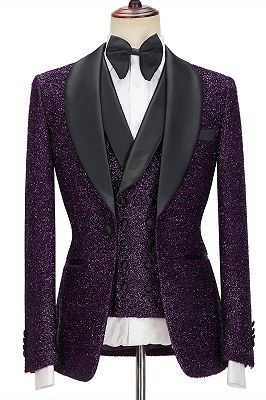 Caleb Bespoke Dark Purple Sparkle Shawl Lapel 3-Pieces Men Suits