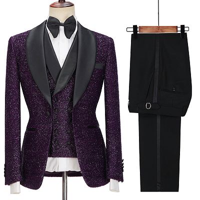 Caleb Bespoke Dark Purple Sparkle Shawl Lapel 3-Pieces Men Suits_5