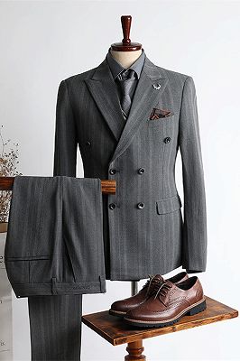 Mason New Arrival Gray Stripe Peaked Lapel Double Breasted Business Men Suits_1