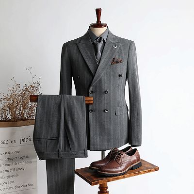 Mason New Arrival Gray Stripe Peaked Lapel Double Breasted Business Men Suits