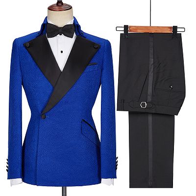 Dean Fashion New Arrival Royal Blue Jacquard Wedding Suits with Black Lapel_4