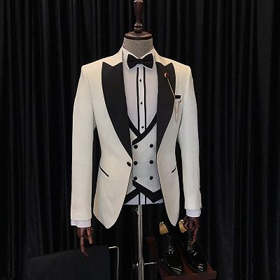 Antony Fashion White Three Pieces Wedding Men suits With Black Peaked Lapel_3