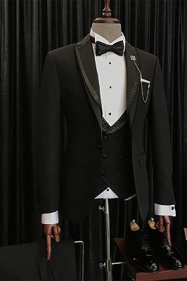 Benjamin Special Design Black Wedding Suits With Sparkle Black Peaked Lapel_1