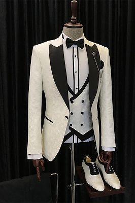 Alvin New Arrival White Jacquard Three Pieces Wedding Suits With Black Peaked Lapel_1