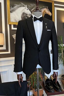 Carlton Chic Black Sparkle Peaked Lapel Three Pieces Wedding Men Suits