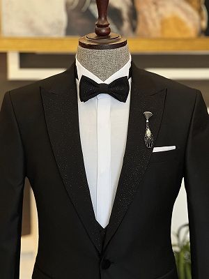 Carlton Chic Black Sparkle Peaked Lapel Three Pieces Wedding Men Suits