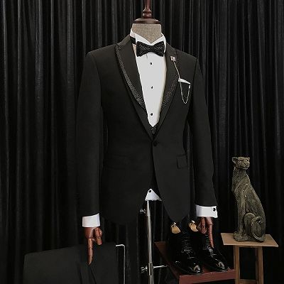 Benjamin Special Design Black Wedding Suits With Sparkle Black Peaked Lapel_3