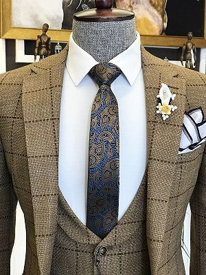 Archibald New Arrival Brown Plaid Peaked Lapel Three Pieces Busibess Men Suits_3