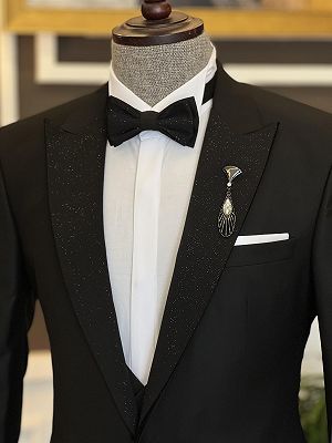 Carlton Chic Black Sparkle Peaked Lapel Three Pieces Wedding Men Suits_3