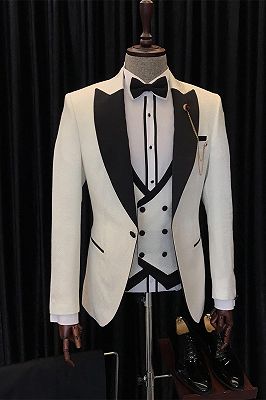Antony Fashion White Three Pieces Wedding Men suits With Black Peaked Lapel_1