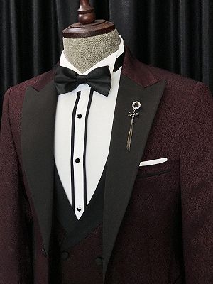 Barry Modern  Burgundy Three Pieces Jacquard peaked Lapel Men Suits for Wedding