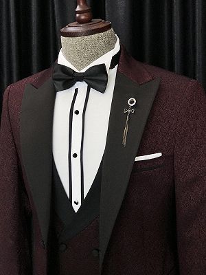 Barry Modern  Burgundy Three Pieces Jacquard peaked Lapel Men Suits for Wedding_2