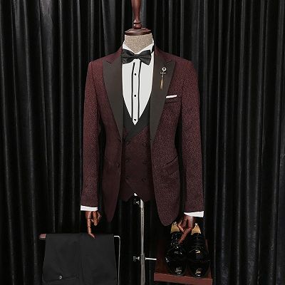 Barry Modern  Burgundy Three Pieces Jacquard peaked Lapel Men Suits for Wedding_3