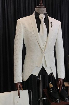 Christian New Arrival White Jacquard 3-Pieces Wedding Suits With Special Lapel_1