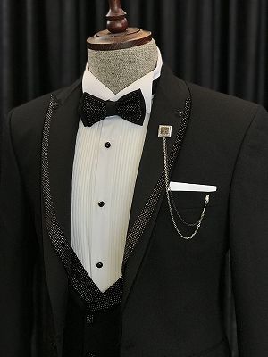 Benjamin Special Design Black Wedding Suits With Sparkle Black Peaked Lapel_2