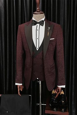 Barry Modern  Burgundy Three Pieces Jacquard peaked Lapel Men Suits for Wedding