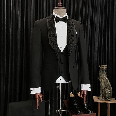 Augustus Stylish Black Slim Fit Weding Men Suits With Special Jacquard Lapel_3