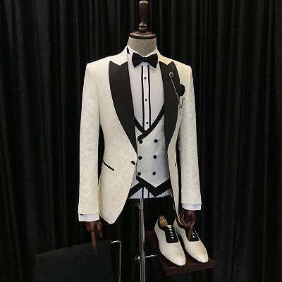 Alvin New Arrival White Jacquard Three Pieces Wedding Suits With Black Peaked Lapel_3