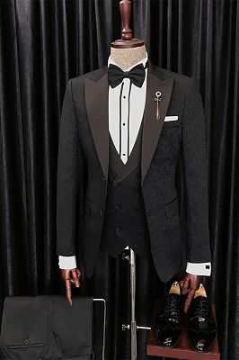 Anthony Newest Black Jaquard Three Pieces Peaked Lapel Wedding men Suits