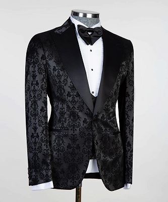 Edward Bespoke Black Jacquard Peaked Lapel Three Pieces Men Suits_3