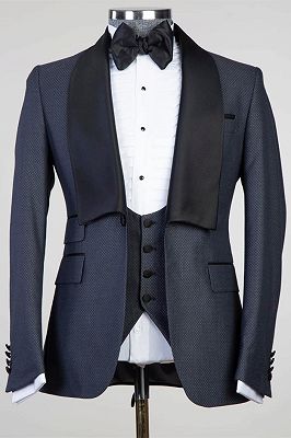 Cliff Fashion Dark Blue Shawl Lapel Slim Fit 3-Pieces Men Suits_1