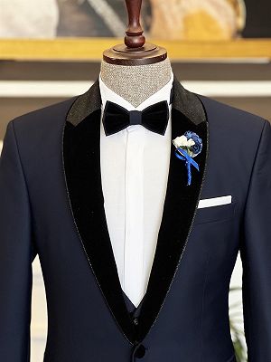 Clement Newest Dark Blue Splicing Shawl Lapel Three Pieces Men Suits_3