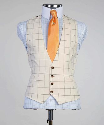Gabriel Champagne Plaid Stylish Peaked Lapel Slim Fit Men Suits
